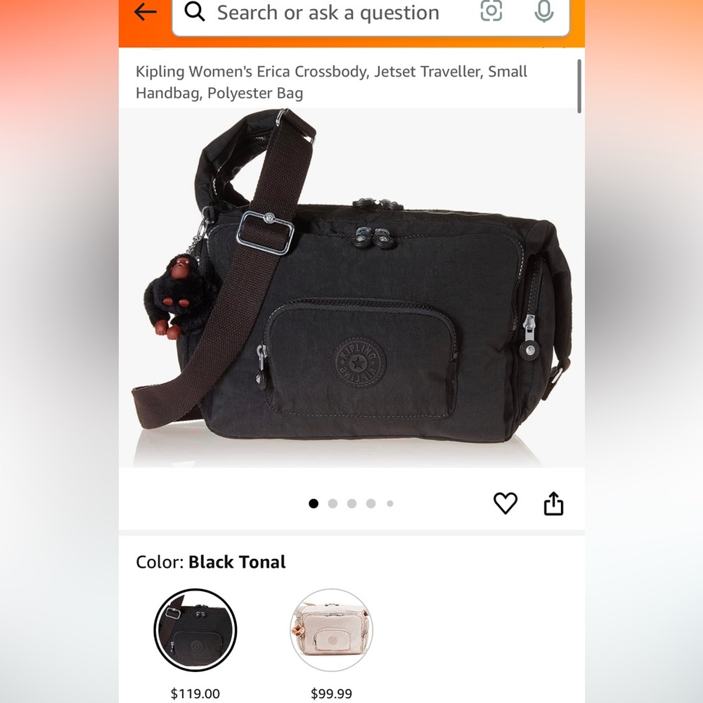 Kipling Black Tonal Crossbody Erica Bag